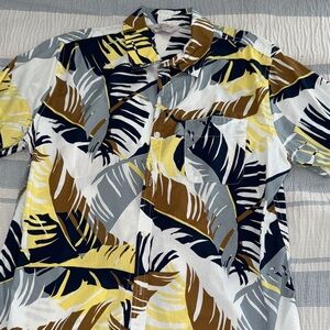 Cotton On Men's Short-Sleeve Tropical Leaf Shirt - Yellow/Navy/Gray/Brown
